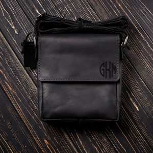 Personalized mens leather bag, black messenger bag for men with monogram engraved, custom Christmas gift for father, for husband