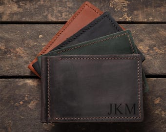 Cartera de piel para hombre con clip para billetes, cartera minimalista personalizada con clip para billetes, regalo de Navidad personalizado para el marido, regalo del Día del Padre
