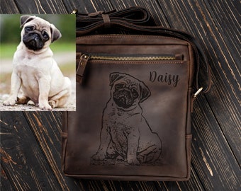 Bolso bandolera de piel marrón para hombre con grabado personalizado de mascotas, regalo personalizado para amantes de las mascotas, regalo de Navidad para hermano