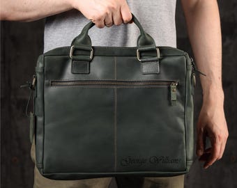 Maletín personalizado de piel verde para portátil, bolso bandolera grande, bolso de hombro de piel para documentos, maletín universitario de piel personalizado, maletín de oficina
