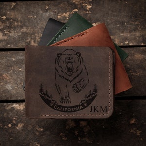 Carteira de couro de urso da Califórnia para homens, carteira dupla com porta-moedas, carteira minimalista gravada, presente personalizado do pai, carteira para marido