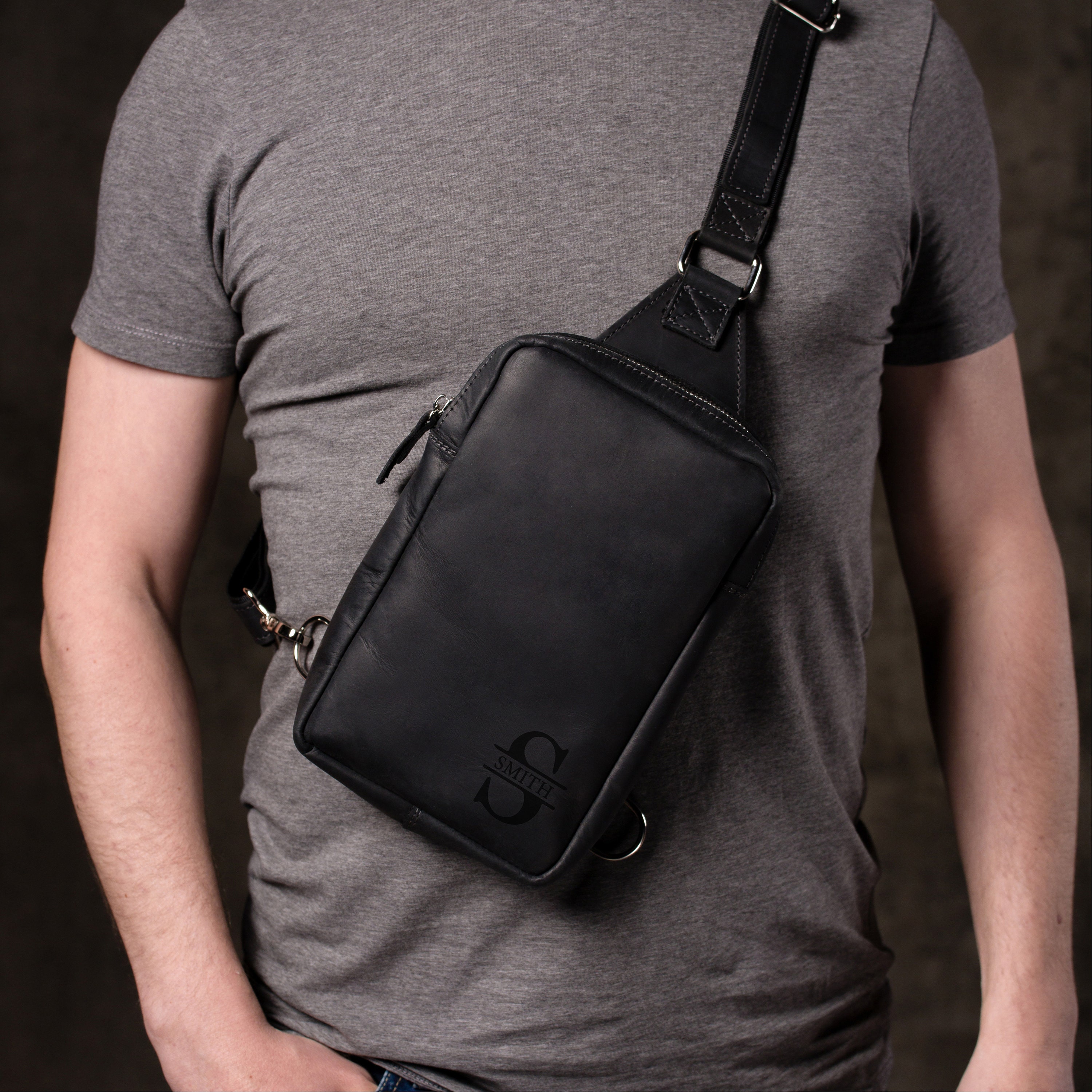 Personalized Leather Sling Bag, Mens Chest Bag, Tactical Travel Purse, City Shoulder Bag, Crossbody Purse with Adjustable Shoulder Strap