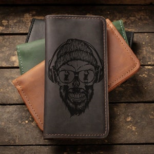 Cartera de cuero grabada con láser de calavera personalizada, cartera de pasaporte hecha a mano, embrague de cuero para hombre personalizado, cartera larga para hombre, grabado de cartera