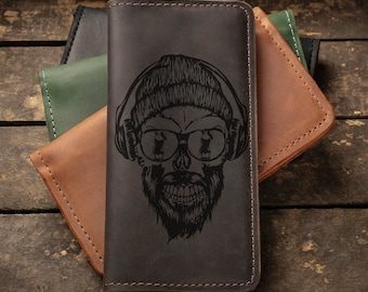 Cartera de piel con grabado láser de calavera personalizado, cartera para pasaporte hecha a mano, cartera de mano de piel personalizada para hombre, cartera larga para hombre, grabado de cartera
