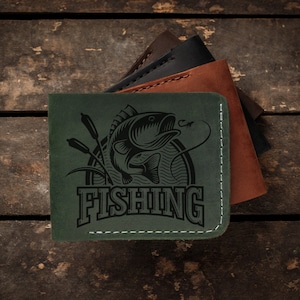 Cartera de pesca - billetera plegable de cuero para hombres, billetera delgada de cuero para tarjetas, billetera minimalista para padre, esposo, novio, regalo de pescador