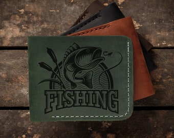 Fishing wallet - leather bifold wallet for men, slim leather card wallet, minimalist wallet for father, husband, boyfriend, fisherman's gift