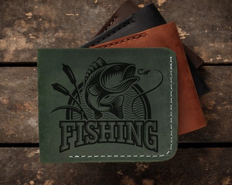 Cartera de pesca - cartera plegable de piel para hombre, tarjetero de piel fino, cartera minimalista para padre, marido, novio, regalo para pescador