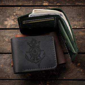 Carteira Anchor - Carteira dupla de couro personalizada com porta-moedas para marinheiro, carteira feita à mão com gravação personalizada, presente de Natal