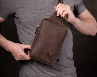 Personalized leather crossbody bag, sling bag with adjustable shoulder strap, mens chest bag, shoulder bag, custom husband gift bag