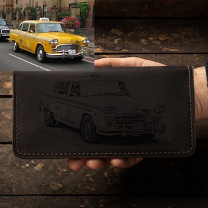 Regalo para taxista: billetera grande de cuero grabada con taxi, billetera para pasaporte hecha a mano, billetera de cuero para hombre, regalo personalizado para él