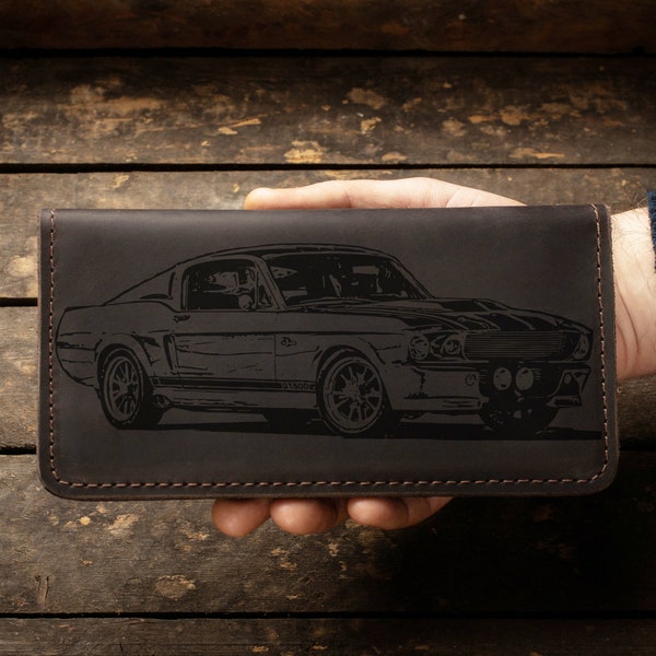 Shelby Cobra GT 500 engraved leather wallet, handmade wallet clutch, personalized big wallet, custom gift for car lover, car driver gift