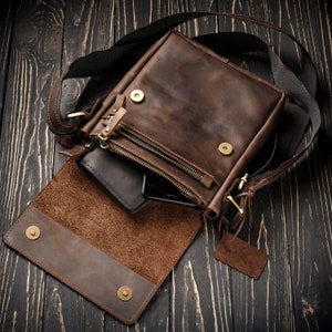 Mens leather bag, handmade crossbody bag for men, engraved leather shoulder bag, personalized leather messenger, birthday gift for him image 6