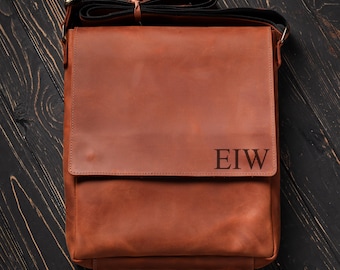 Bolso de hombro grande con monograma, bolso de piel para portátil de hombre, bolso bandolera vertical para documentos A4, regalo de Navidad personalizado para él