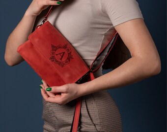 Bolso bandolera de piel personalizado para mujer con correa ajustable, bolso de mano grabado personalizado, bolso de hombro rojo para mujer, regalo de aniversario