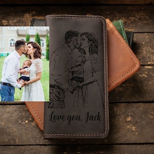 Monedero de tarjeta de crédito grande de cuero grabado con foto familiar, billetera de pasaporte hecha a mano, embrague de billetera de cuero para hombres, regalo personalizado del día del padre