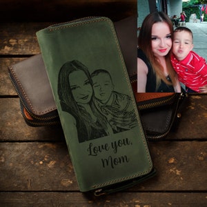 Gravierte Foto Leder Reißverschluss Brieftasche für Frauen, benutzerdefinierte Muttertagsgeschenk, Leder Frauen Foto Brieftasche, personalisierte Geschenke für Mama, Großmutter