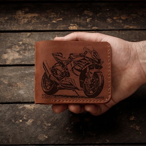 Cartera plegable de cuero con grabado de motocicleta Honda, billetera personalizada para hombre, regalo personalizado para esposo, billetera para motociclistas