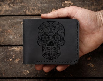 Day of the dead - personalized mens leather wallet, minimalist wallet for men, slim pocket wallet, leather bifold wallet, custom mens gift