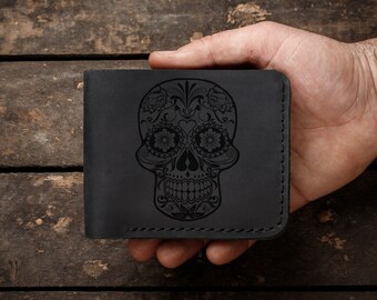 Cartera de piel personalizada para hombre, ideal para el Día de los Muertos. Cartera minimalista, delgada, plegable y perfecta para regalar.