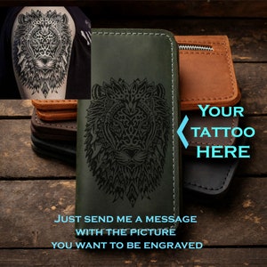 Incisione Tatoo - Portafoglio da uomo in pelle, portafoglio grande personalizzato, regalo di Natale personalizzato per lui, portafoglio da viaggio, portafoglio lungo in pelle
