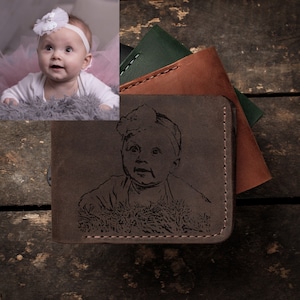 Cartera de fotos - cartera plegable de cuero grabada con foto infantil, cartera hecha a mano personalizada, regalo personalizado para el marido, idea de regalo del día del padre