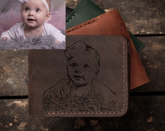 Photo wallet - child photo engraved leather bifold wallet, custom handmade wallet, personalized gift for husband, father's day gift idea