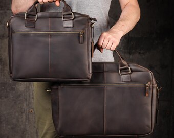 Bolso de piel vintage para documentos y portátil, bolso bandolera grande, regalo de Navidad personalizado para él