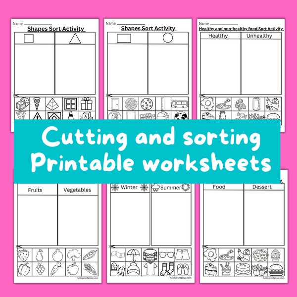 Sorting, counting, cut and paste activity for preschool and kindergarten kids -Teachers resources for classroom practice numbers, shapes etc