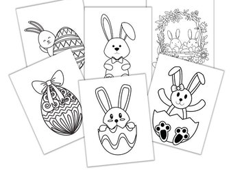 Easter printable coloring pages for kids. 13 coloring pages for Easter bunny and eggs images for toddlers, preschoolers, kids aged 2 to 6.