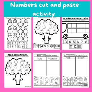 Actividad de clasificar, contar, cortar y pegar para niños de preescolar y jardín de infantes. Recursos para maestros para practicar números, formas, etc. en el aula. imagen 3