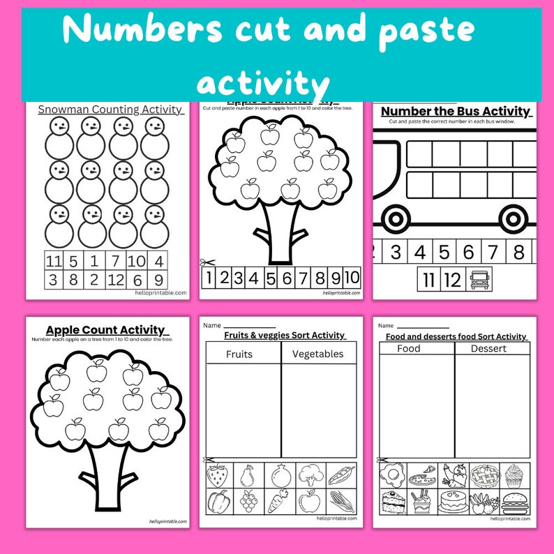 Actividad de clasificar, contar, cortar y pegar para niños de preescolar y jardín de infantes. Recursos para maestros para practicar números, formas, etc. en el aula. imagen 3