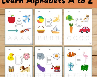 May include: Six printable worksheets for learning the alphabet from A to Z. Each worksheet features a colorful illustration of an object that starts with the letter, followed by the letter itself and a line for tracing the letter. The letters are A, B, C, D, E, and F.