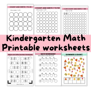 May include: A set of printable kindergarten math worksheets with a summer theme. The worksheets include counting, number recognition, and addition activities. The worksheets feature images of watermelon, ice cream, and flip flops.
