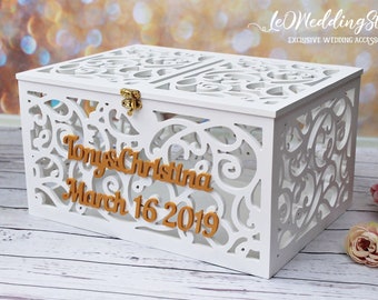 Personalized wedding card money box with slot-Wedding Card holder with lock-White&Gold card money holder-Wedding gift box-Wooden Custom box