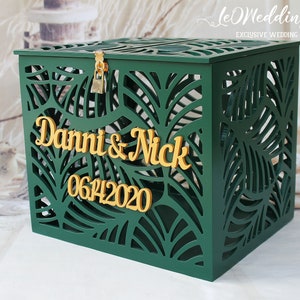 Caixa de cartão de casamento com folhas de palmeira personalizadas - caixa de dinheiro com folhas de palmeira verde escuro - caixa de praia tropical - porta-dinheiro com chave - caixa do Havaí - presente