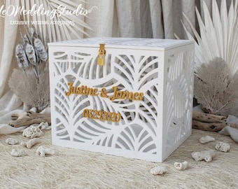 Tropical Palm Leaves Wedding Card Box | Personalized Beach Wedding Money Holder | Hawaii Wedding Decor |Lockable Card Box for Tropical Theme