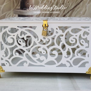 Caixa de dinheiro para cartão de casamento com fechadura com slot - Porta-cartão de casamento com pernas - Caixa de lembrança com fechadura e chave - Caixa de presente de casamento - Casamento branco e dourado