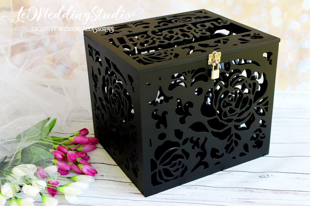 Personalized Lockable Black Wedding Card Box With Roses-wedding Gift ...