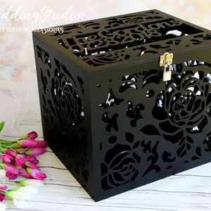Caixa de cartão de casamento preta com chave personalizada com rosas-presente de casamento-caixa de madeira compensada-caixa de dinheiro de casamento com data e nomes-porta-dinheiro para cartão de casamento