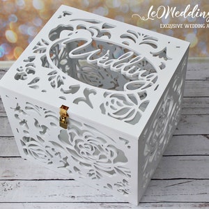 Weiße Rosen Abschließbare Hochzeitskartenbox-Keepsake Box mit Schloss und Schlüssel-Benutzerdefinierte Sparbox für den Empfang-Hochzeitskarte Geldhalter-Hochzeitsgeschenkbox
