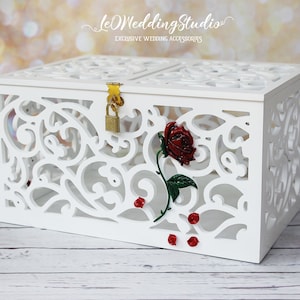 Beauty and the Beast Enchanted Rose Wedding card money box with slot-Magic of the Roses-Red Rose Lockable card holder-Wedding gift box