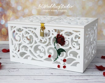 Beauty and the Beast Enchanted Rose Wedding card money box with slot-Magic of the Roses-Red Rose Lockable card holder-Wedding gift box