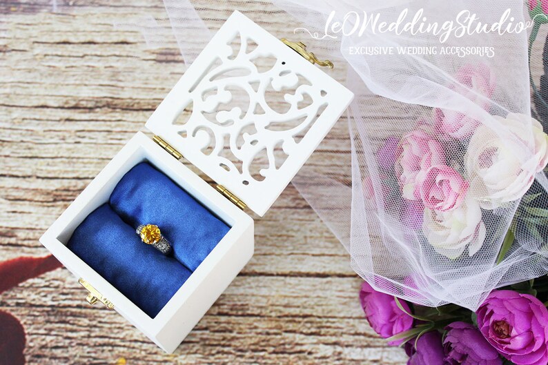 Wedding Ring Bearer Box/&Royal Blue satin-Wooden Ring Keepsake Box-White Ring Holder-Monograms Engagement ring box-Wedding Gift-Proposal box