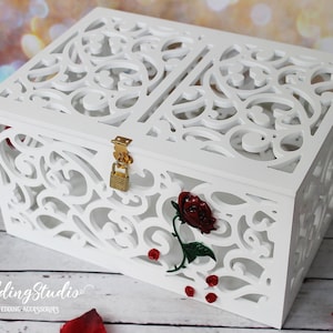 Beauty and the Beast Enchanted Rose Wedding card money box with slot-Magic of the Roses-Red Rose Lockable card holder-Wedding gift box