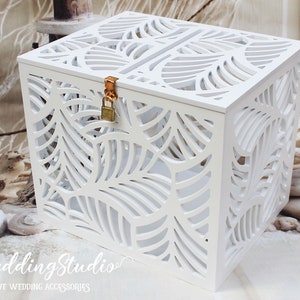 Caixa de cartão de casamento com folhas de palmeira - Cofrinho de casamento com folhas de palmeira - Casamento na praia tropical - Porta-cartões com fechadura - Casamento no Havaí