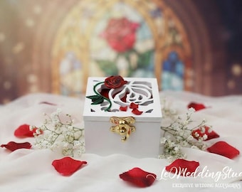 Beauty and the Beast Ring Box | Enchanted Rose Wedding Ring Holder | Fairy Tale Engagement Ring Box | Red Rose Ring Bearer Box | Proposal