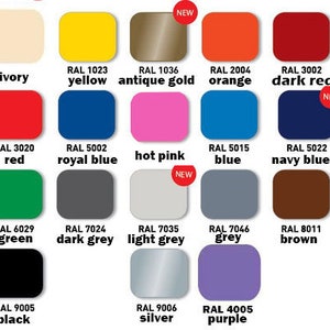 May include: A color chart displaying twenty-eight rounded square swatches with corresponding RAL codes and color names. The palette includes beige, ivory, yellow, antique gold, orange, red, cherry, blue, pink, navy, green, grey, brown, black, and silver.