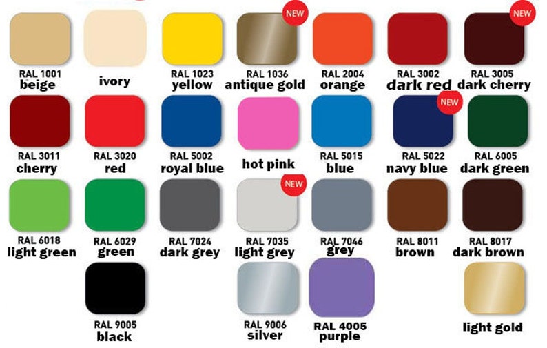 May include: A color chart displaying twenty-eight rounded square swatches with corresponding RAL codes and color names. The palette includes beige, ivory, yellow, antique gold, orange, red, cherry, blue, pink, navy, green, grey, brown, black, and silver.