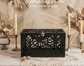 Black Palm Leaves Wedding Card Box, Tropical Beach Money Holder with Lock, Hawaii Destination Wedding Decor, Elegant Wedding Gift