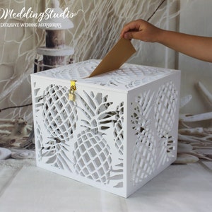 Caixa de dinheiro para cartão de casamento de abacaxi - Porta-cartão de casamento com slot e trava - Porta-dinheiro para cartão com chave para casamento na praia tropical - Caixa do Havaí